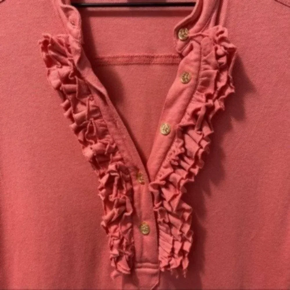 Tory Burch Coral Romilly Polo Long Sleeve Top Ruffled Preppy Chic Size Small